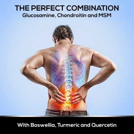 Chiropractor’s choice glucosamine with 1500mg glucosamine and chondroitin msm boswellia tumeric bromelain and quercetin.