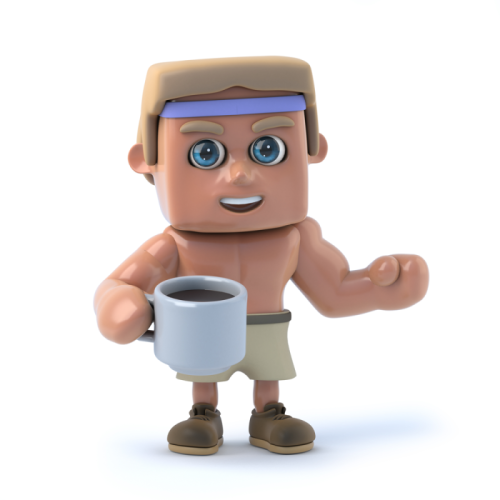 Figurine of a muscular guy holding coffee.