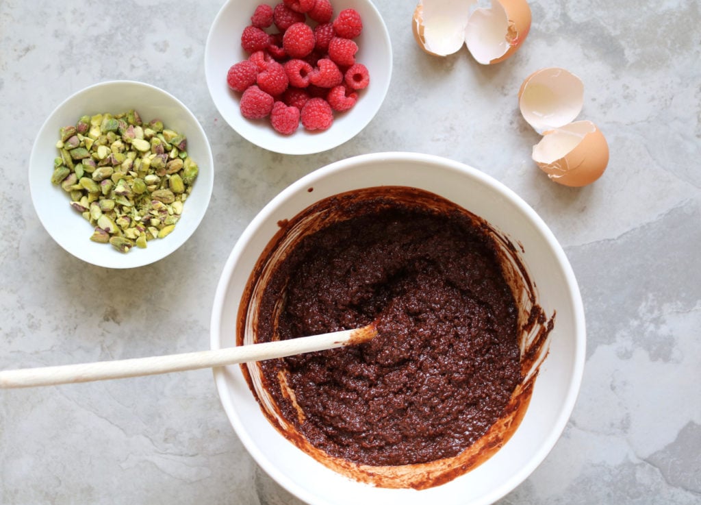 Keto raspberry and pistachio brownies.