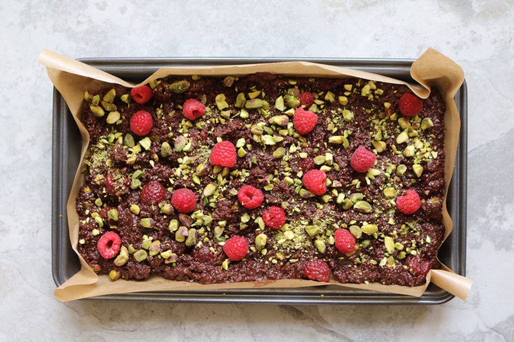 Keto raspberry and pistachio brownies.