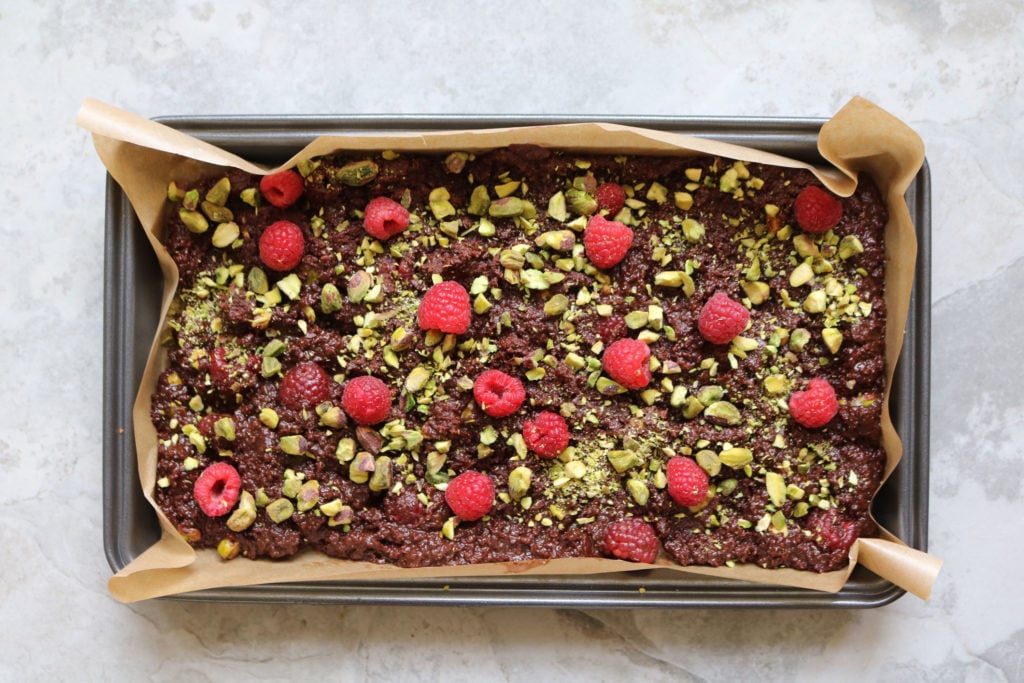 Keto raspberry and pistachio brownies.