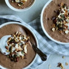 Keto chocolate chia pudding with toasted nut crunch.