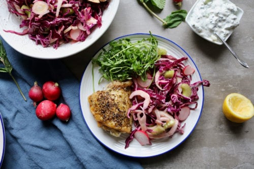 Keto oregano chicken with crunchy slaw.