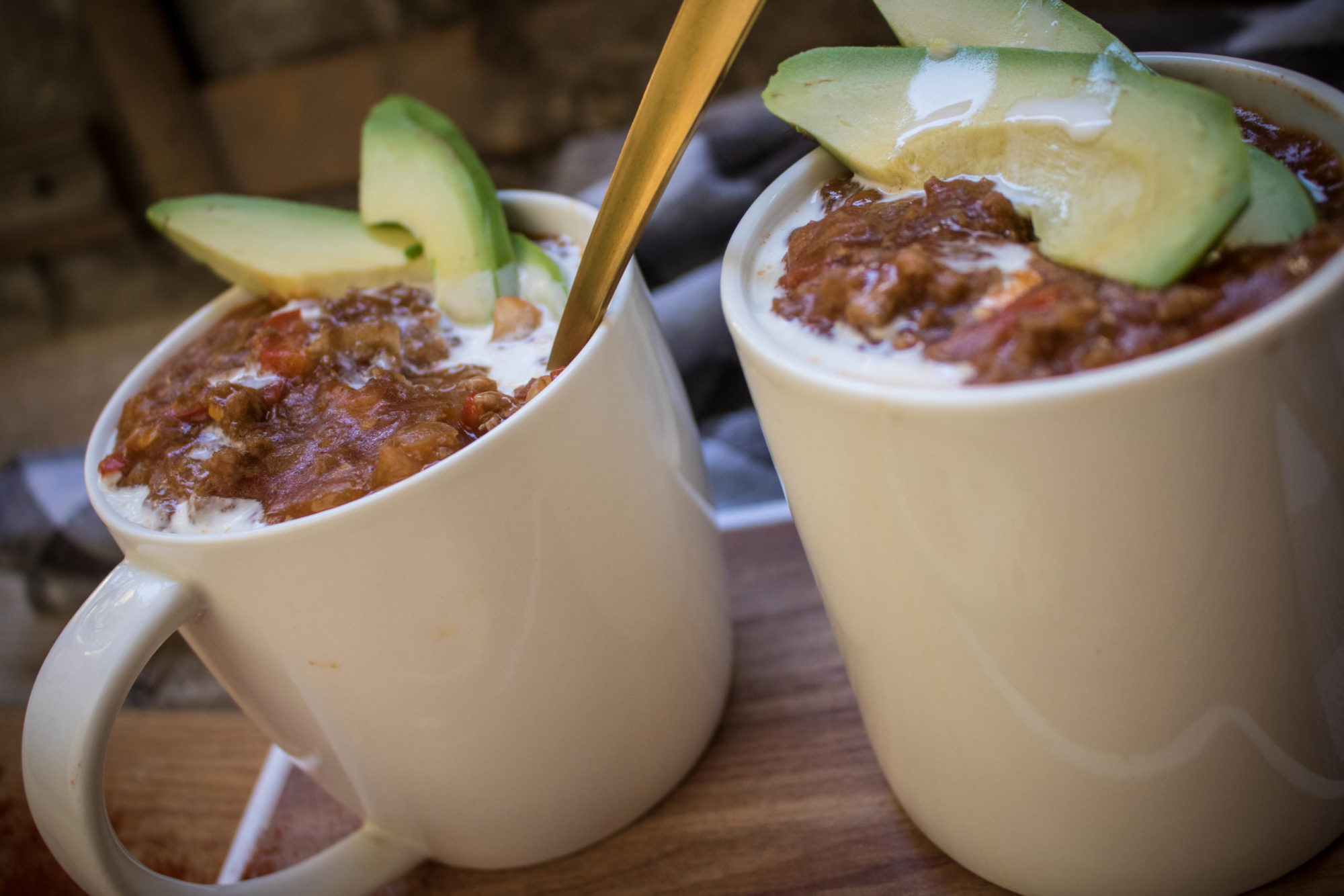 Keto chili in a mug.