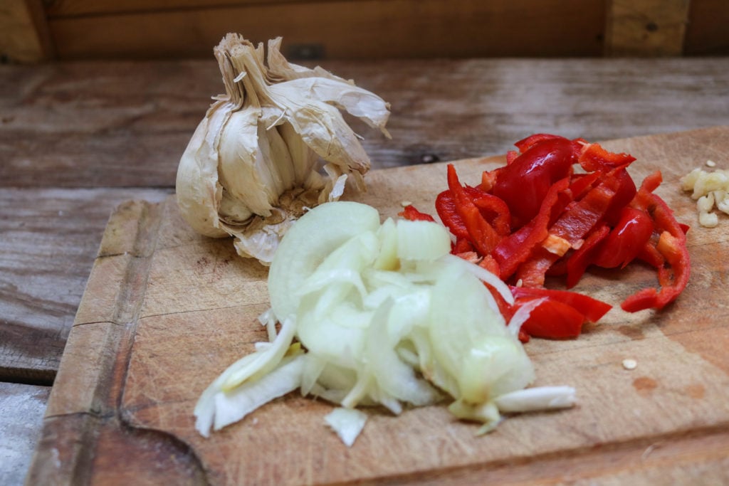 Sliced onions and pepper.