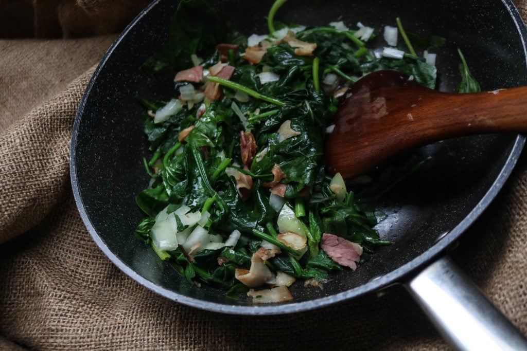 Keto crustless spinach bacon quiche.