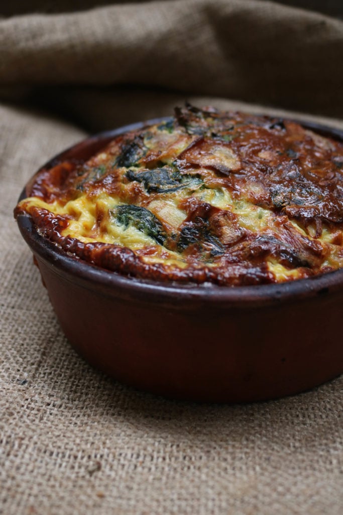 Keto crustless spinach bacon quiche.