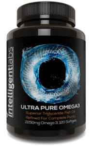 bottle of intelligent labs ultra pure omega-3 fish oil supplement