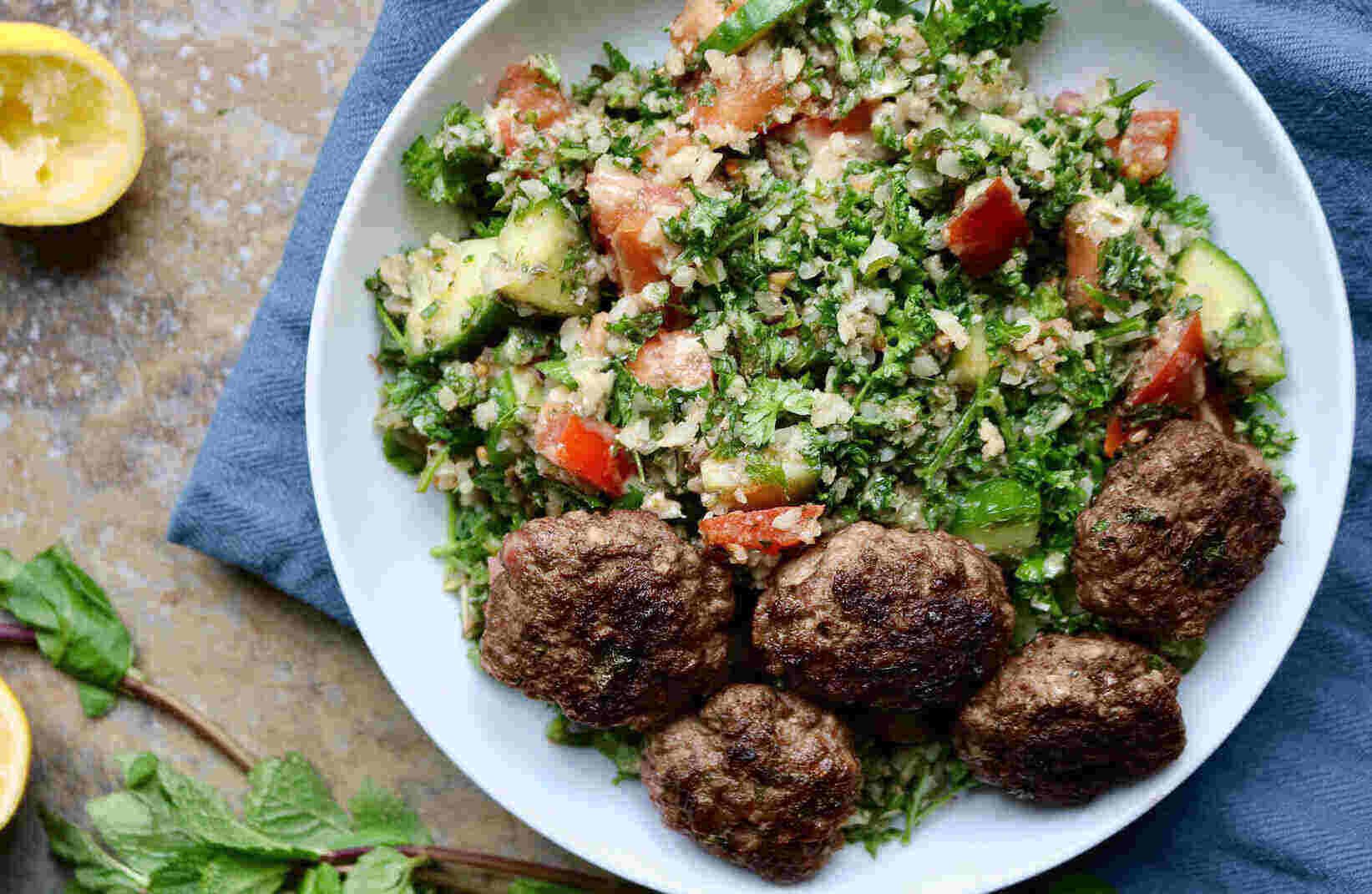 keto lamb kofta with cauli tabbouleh