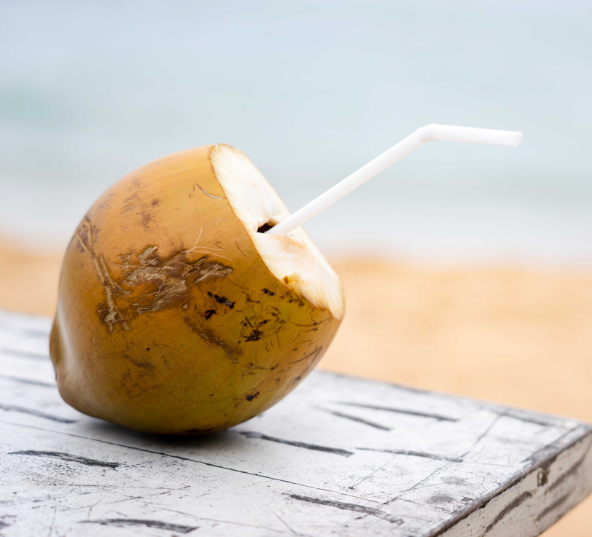 Picture of a coconut with a straw inside it